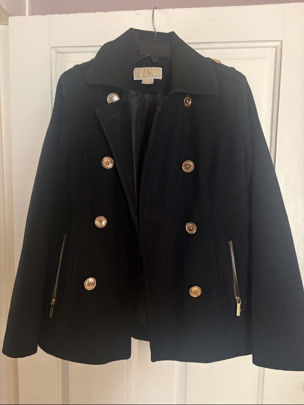 Michael Kors Black Double-Breasted Pea Coat with Gold Buttons